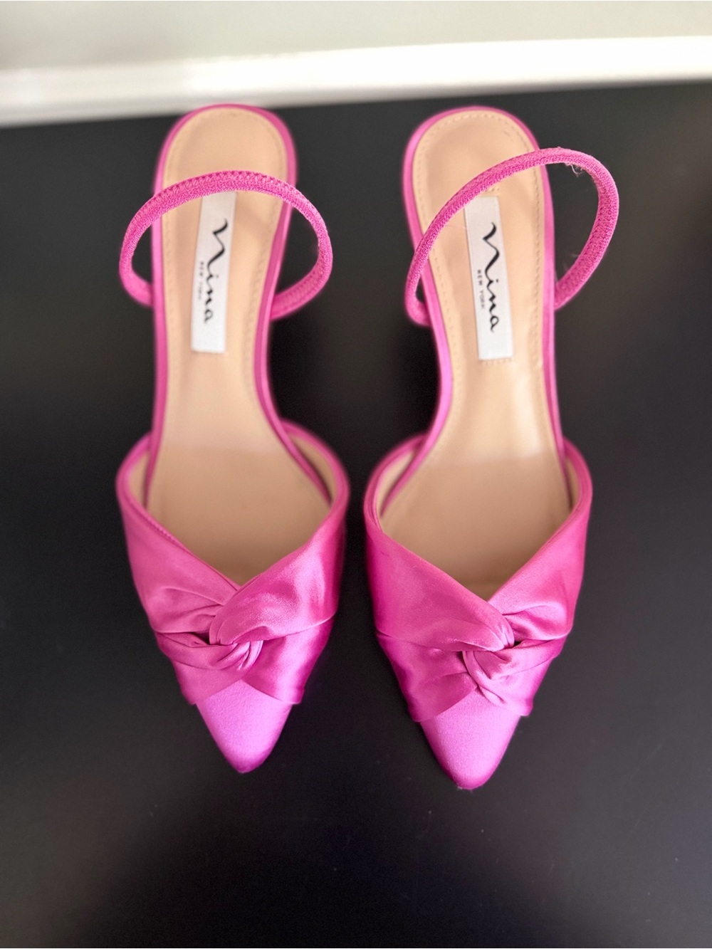 Nina Hot Pink Satin Knotted Pointed-toe kitten heels
